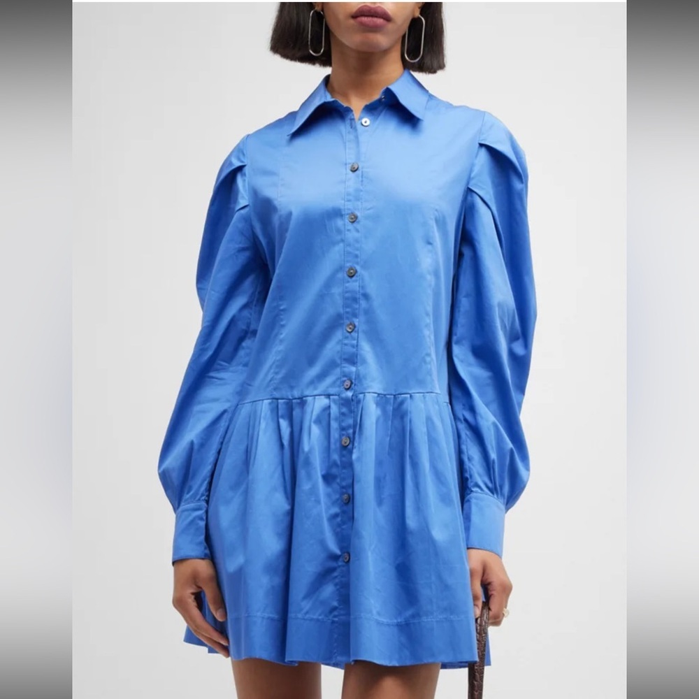 Harshman Esme Pleated Puff-Sleeve Mini Shirtdress - Size M - Indigo Blue - NWT - Picture 2 of 9